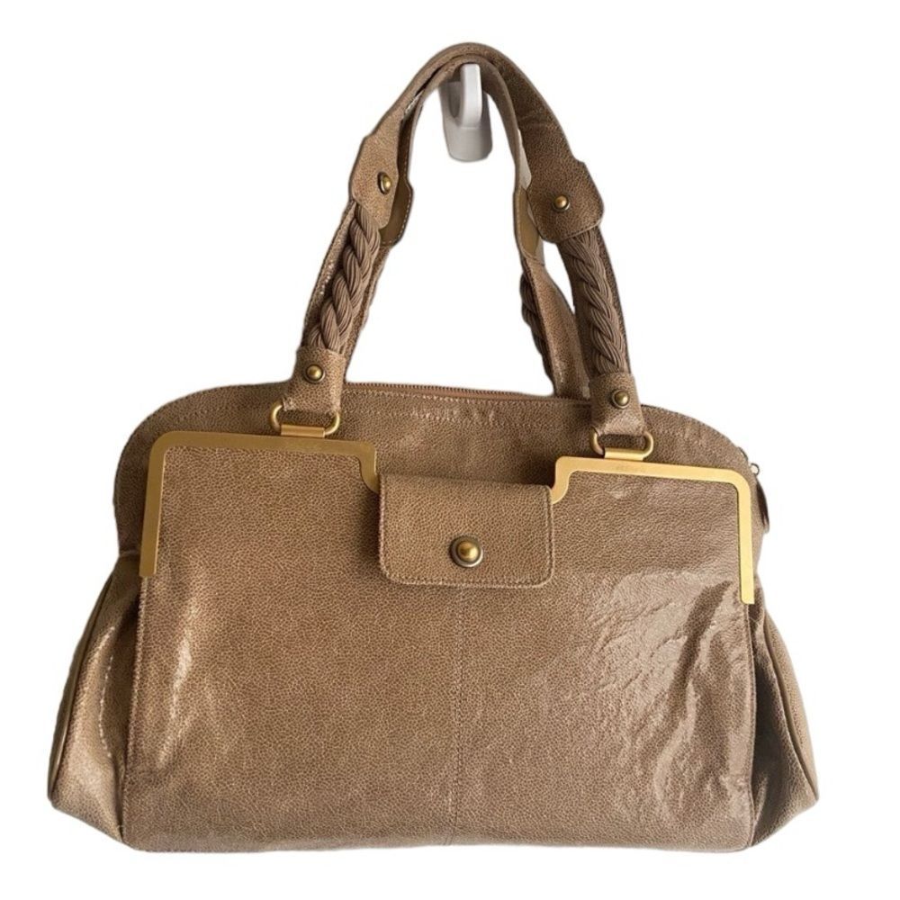 Stella McCartney tan Vegan leather shoulder bag dual braided handle snap closure